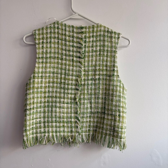ZARA Green /White Cotton Tweed Vest Crop Top with Gold Tone Buttons Sz M NWT - Picture 4 of 11